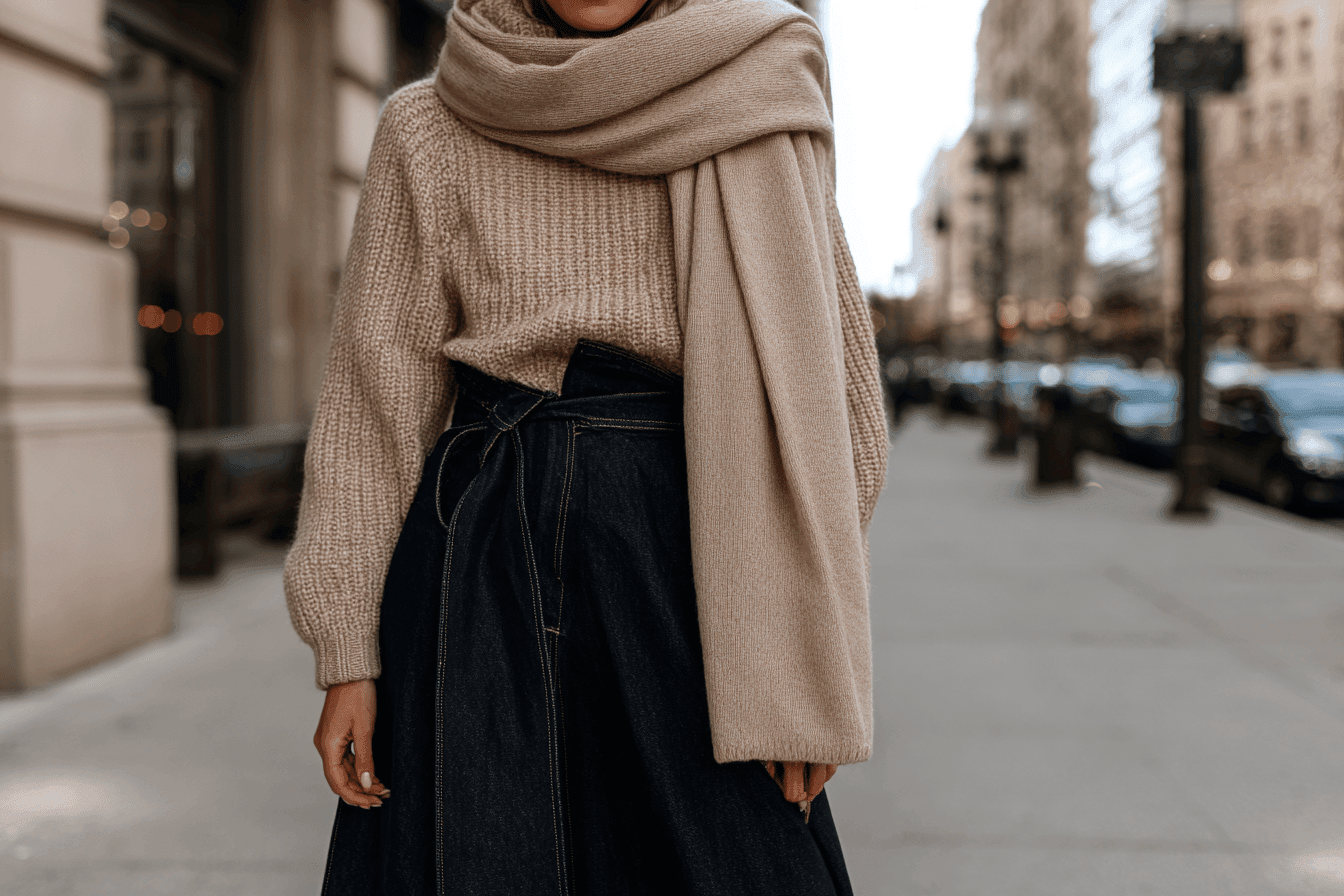 Frau mit langem Jeansrock, Strickpullover und Schal im Winter