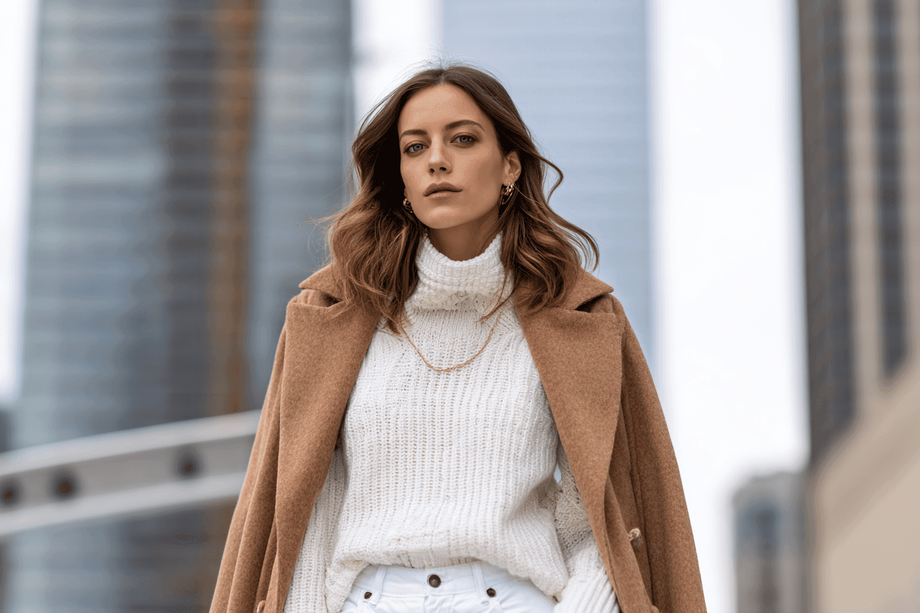 Frau trägt weißes Jeans-Outfit mit dickem Strickpullover und beigem Mantel