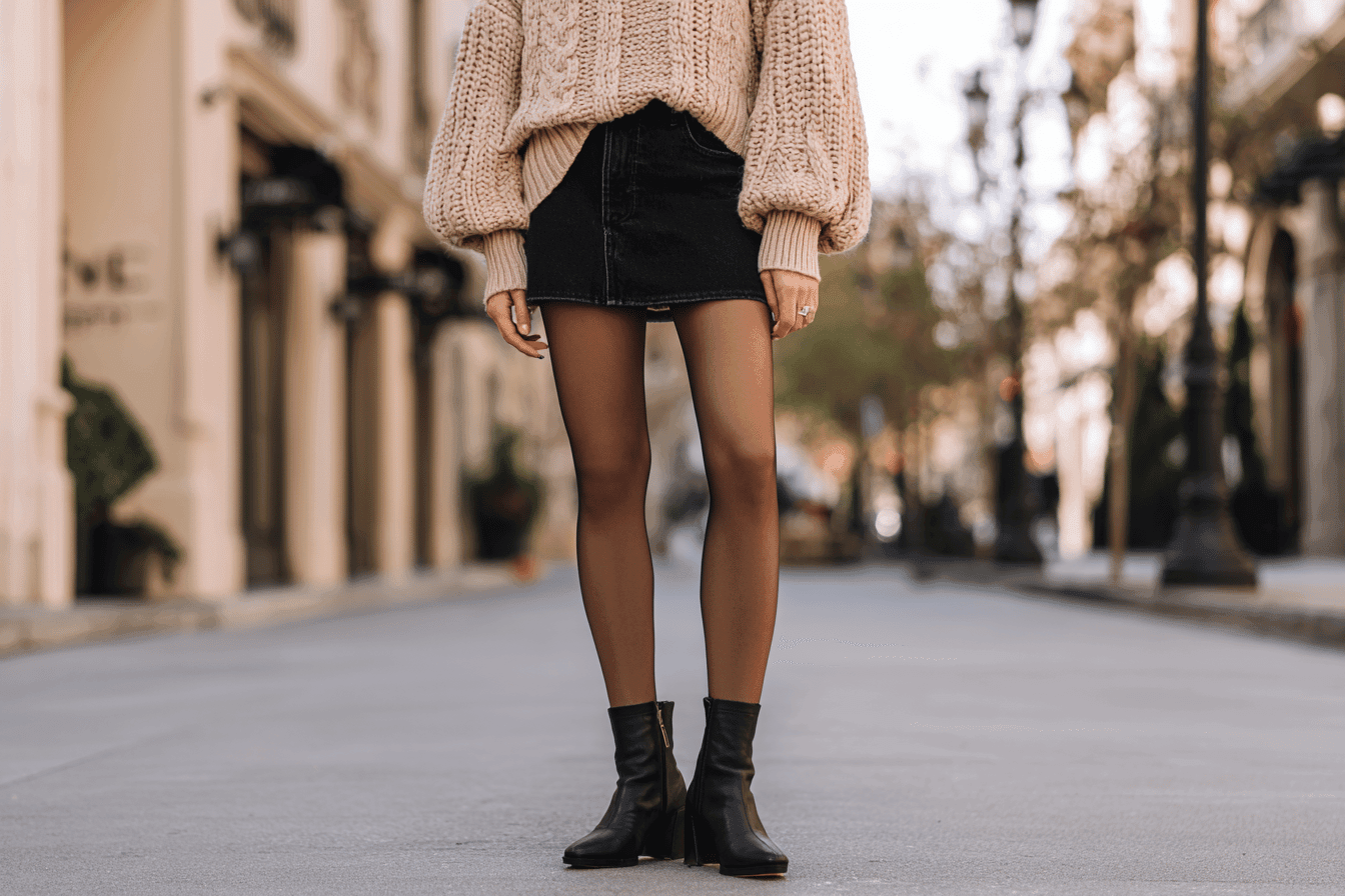 Frau trägt schwarzen Jeans-Minirock mit Strumpfhose, Strickpullover und Stiefeletten