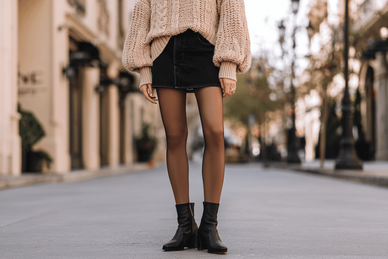 Frau trägt schwarzen Jeans-Minirock mit Strumpfhose, Strickpullover und Stiefeletten