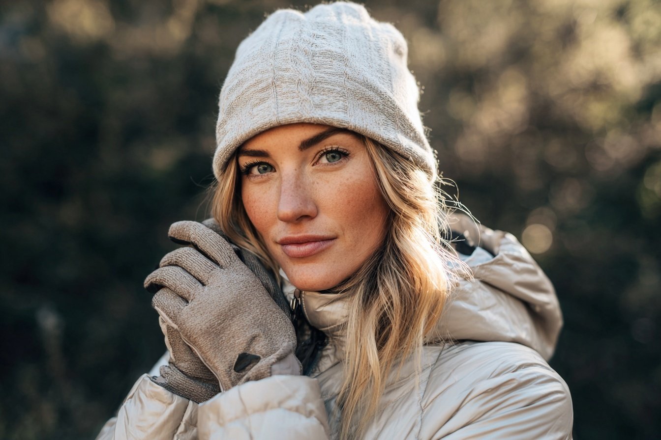 Woman wearing a winter hat, gloves, and a warm jacket