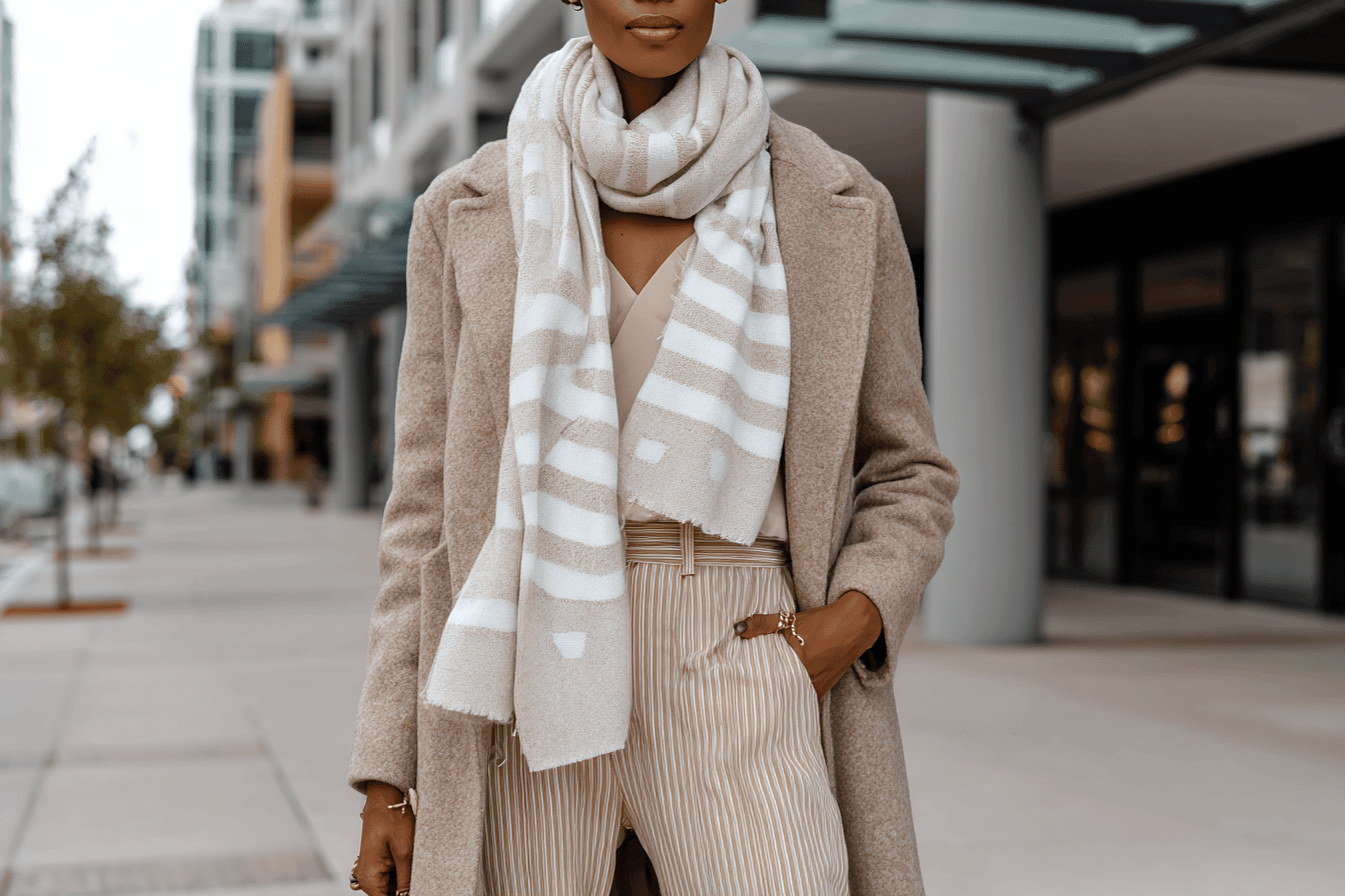 Woman in winter interview outfit with beige coat, striped scarf, and striped pants