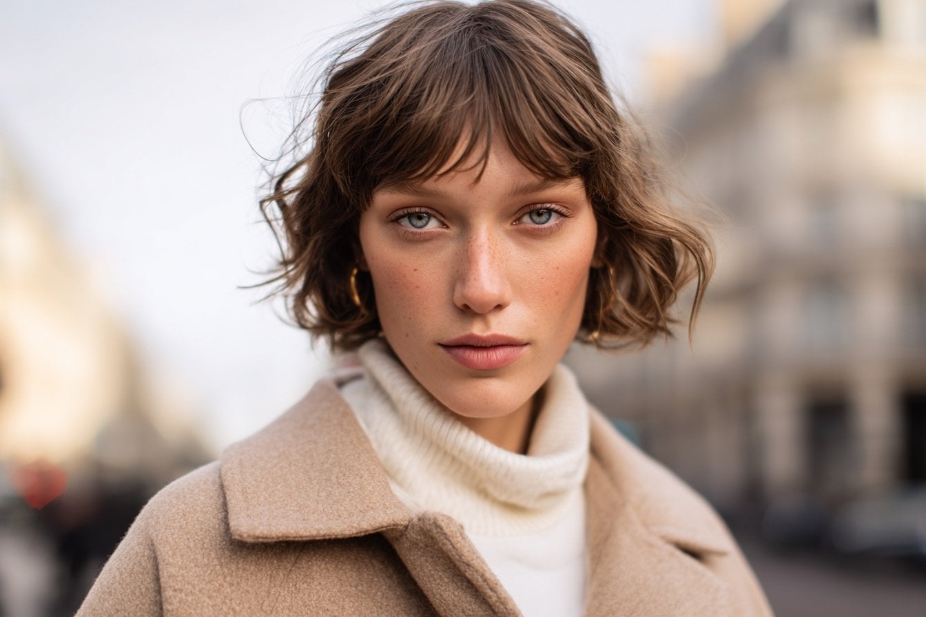 Frau mit beigem Mantel und weißem Rollkragenpullover