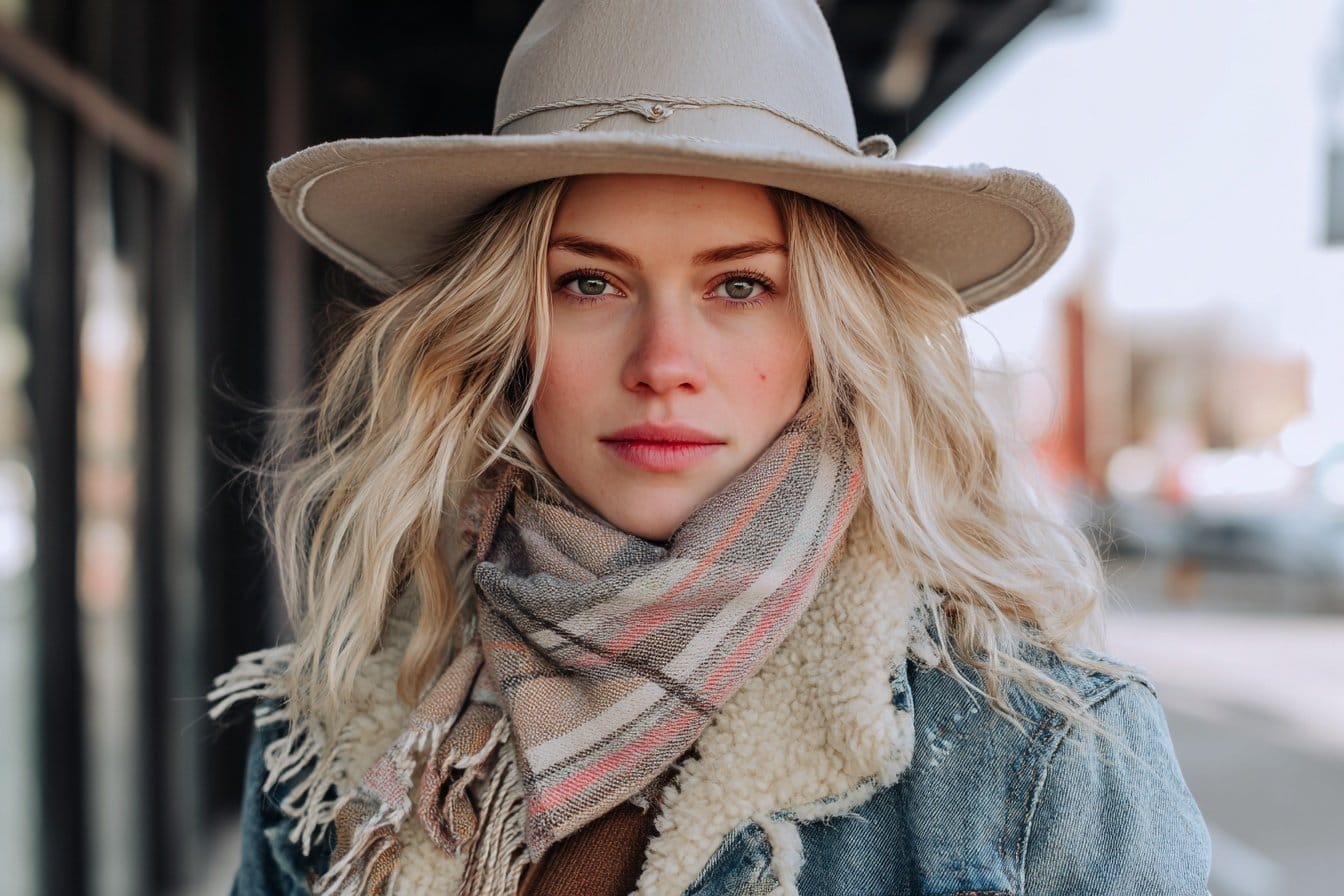 Frau mit Cowboyhut, Winterjacke und kariertem Schal