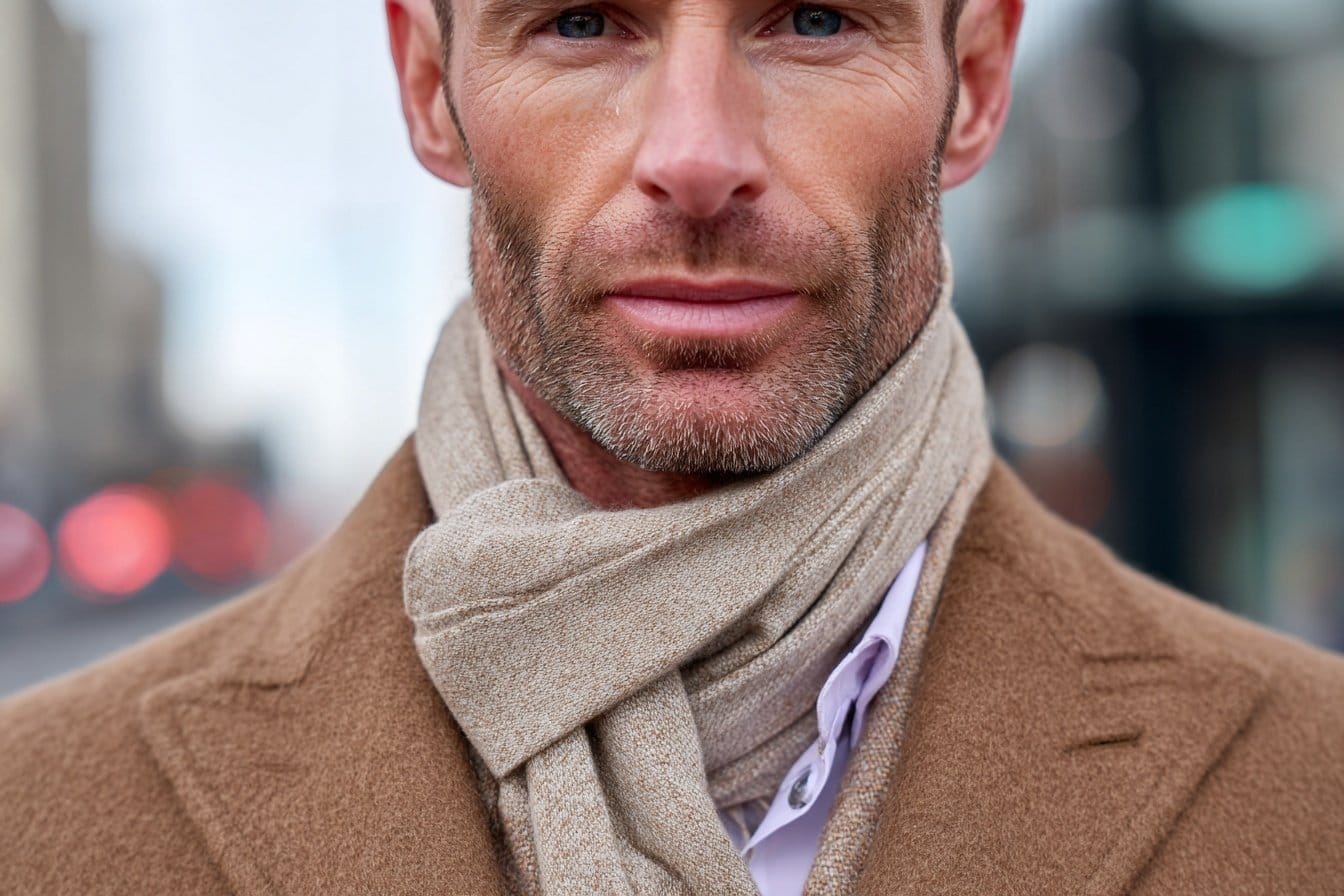 Mann in braunem Wollmantel und beigem Schal für ein Winter-Dinner-Outfit