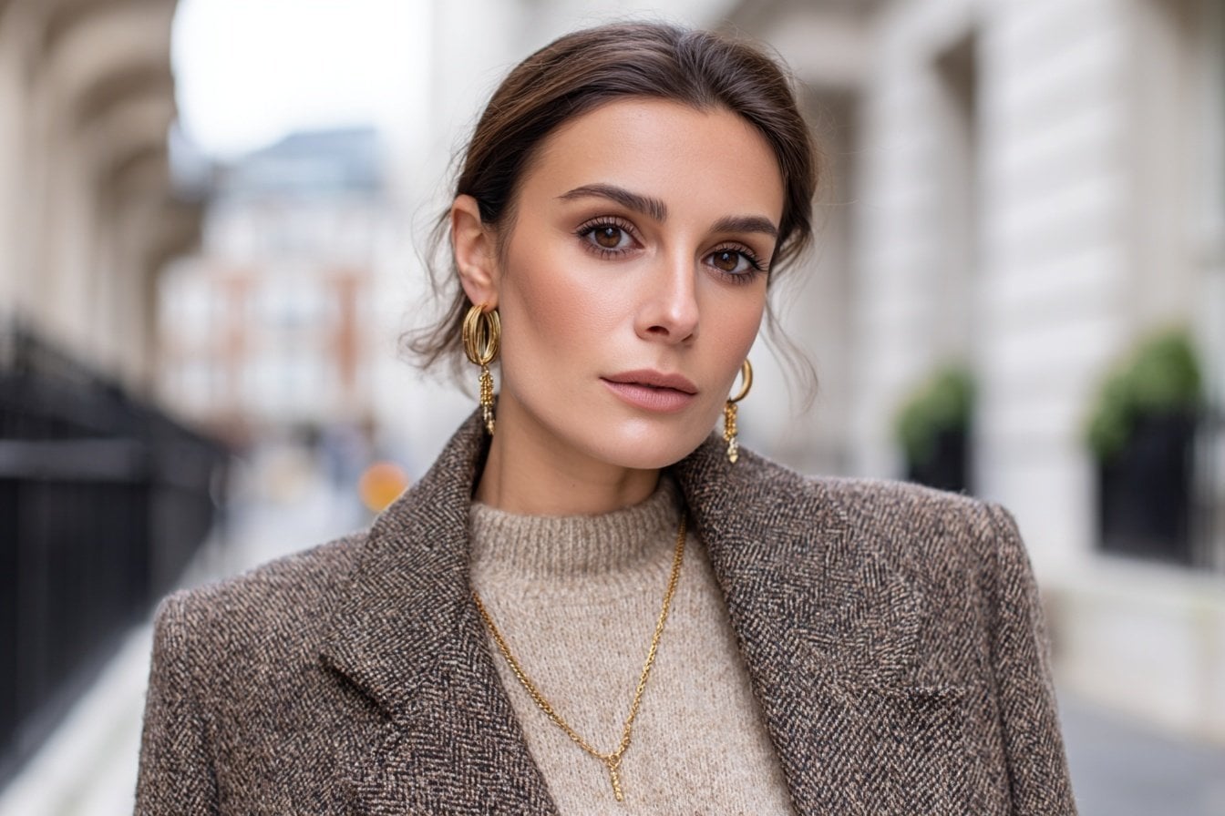 Frau mit Wollmantel und goldenen Accessoires auf einer Straße in London